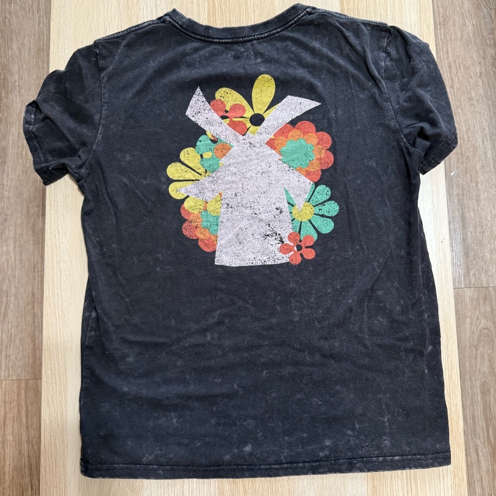 Dutch Bros Black Tee with White Windmill and Multicolor Floral Graphic